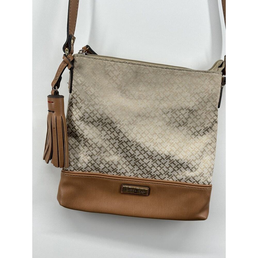 Tommy Hilfiger Crossbody Brown Logo Print Canvas Leather Frin Charm Shoulder Bag